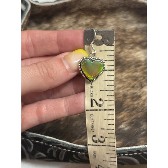 Native American SW Sterling Silver Neon Yellow Green Opal Heart Dangle Earrings - Picture 7 of 9